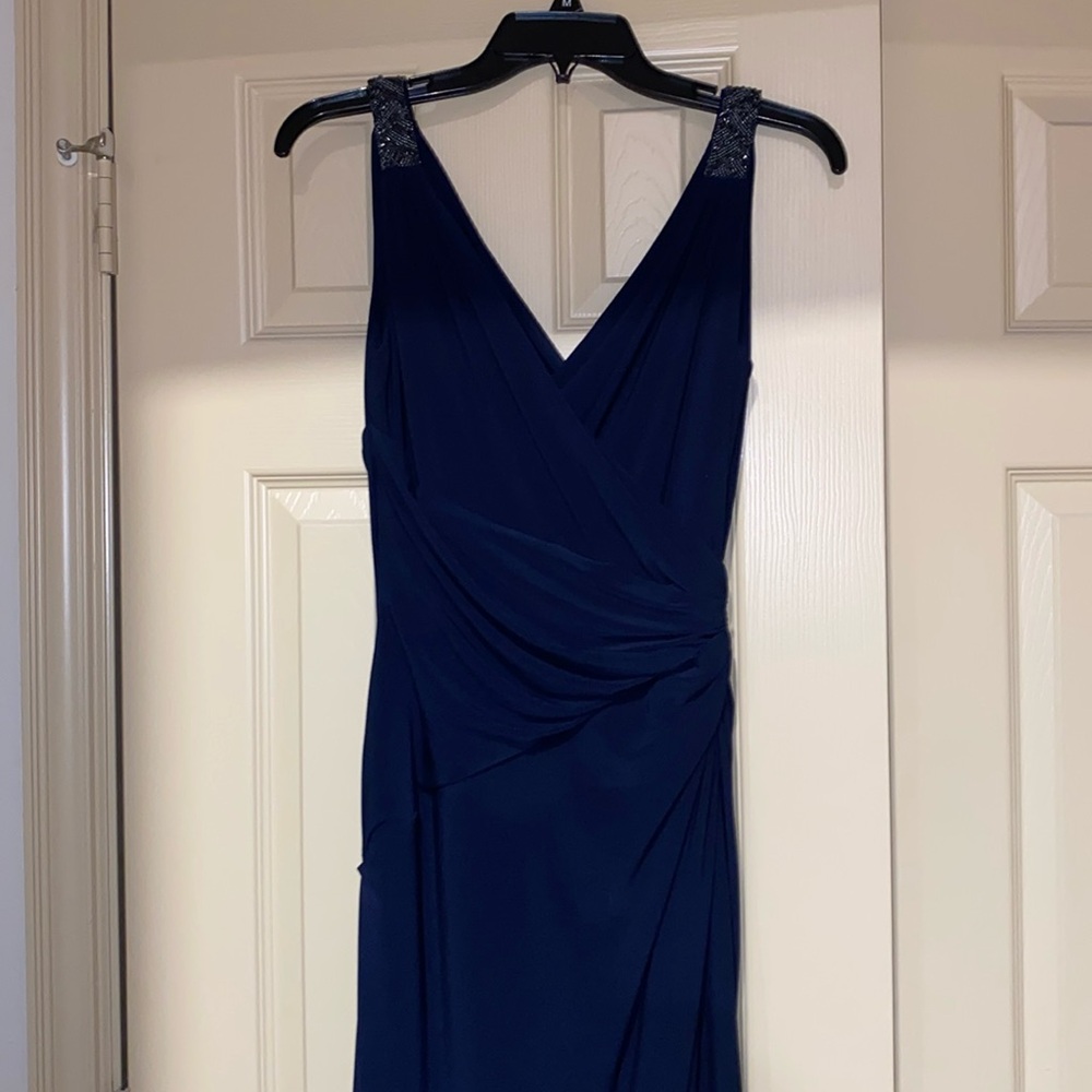 Beautiful Formal Draped Beaded Navy Blue Ralph Lauren Evening Dress
